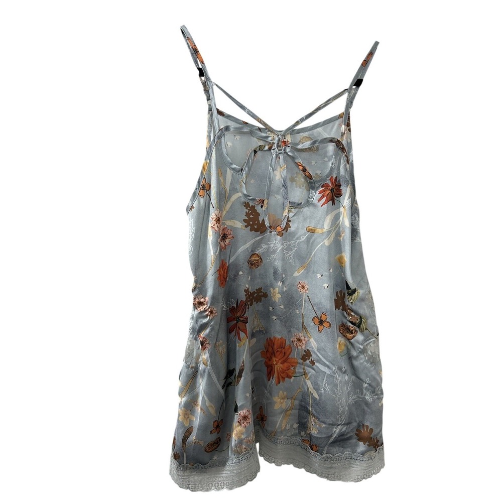 POL Floral Satin Camisole M Blue Lace Trim Strappy Back Boho Cottagecore Fairy